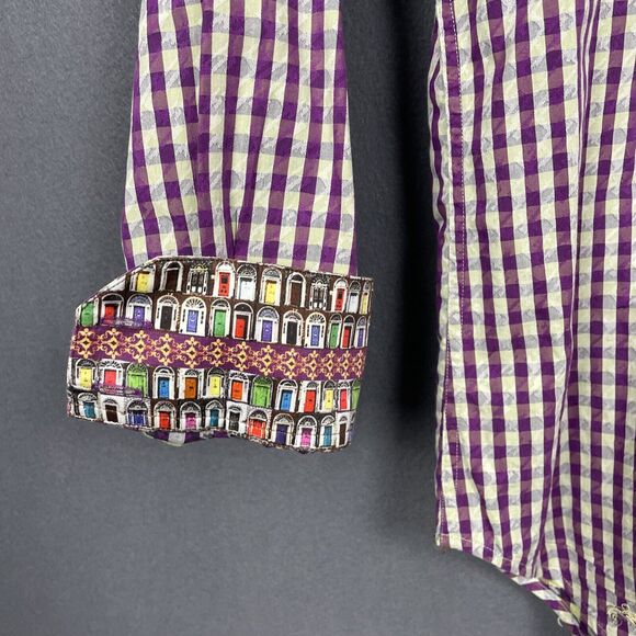 Robert Graham Shirt Mens L Large Long Sleeve Purple Plaid Embroidered Flip Cuff - Picture 3 of 15
